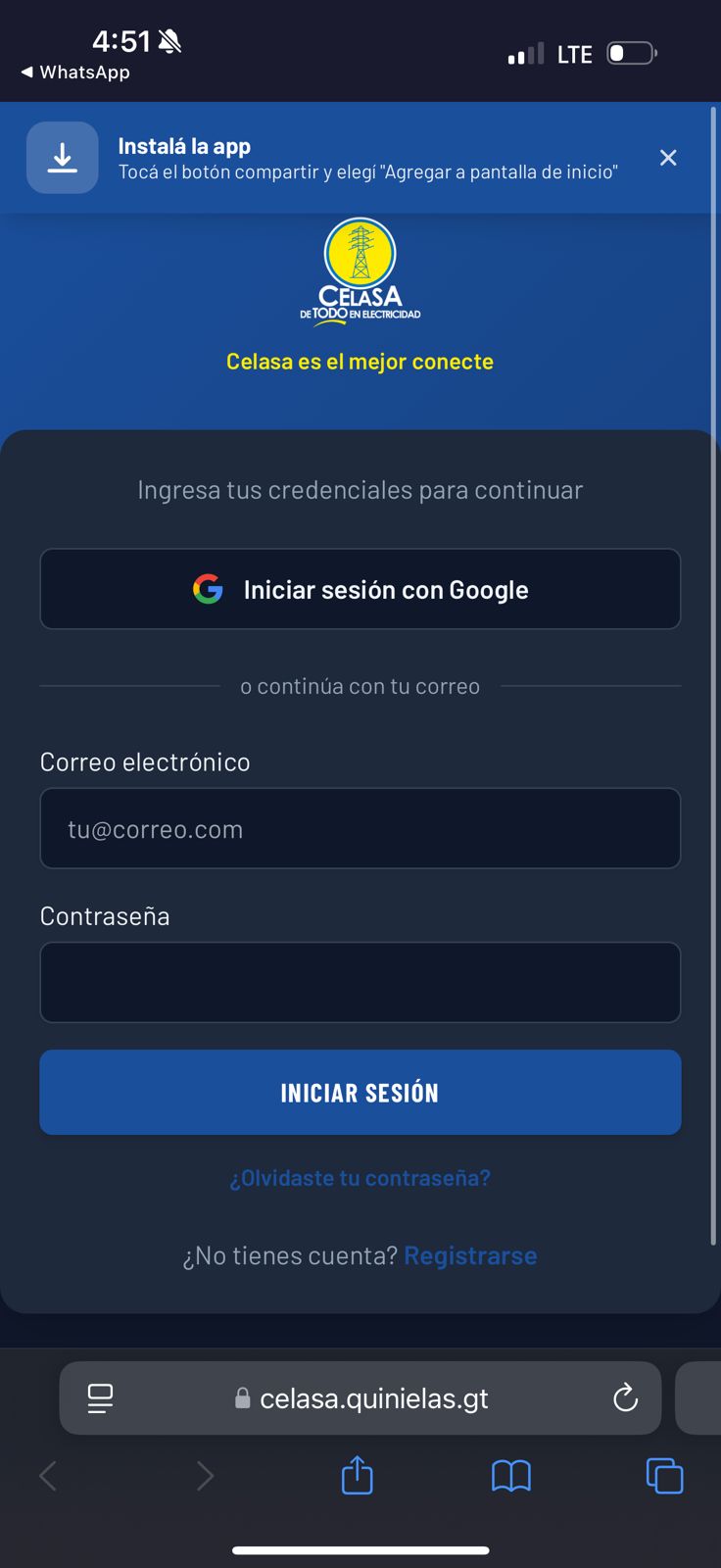 Pantalla para iniciar sesión